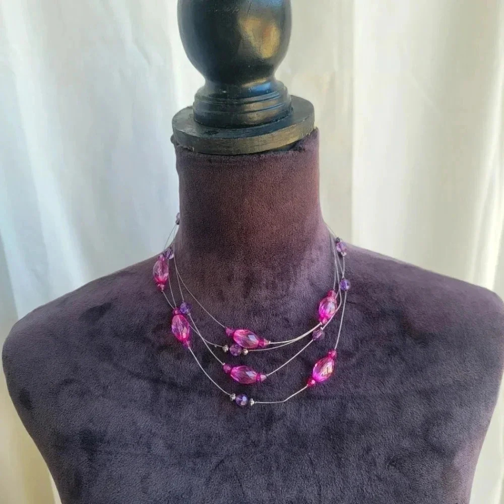 Gorgeous Womens Silver Purple Beaded Layered Twisted Necklace 13"+4"